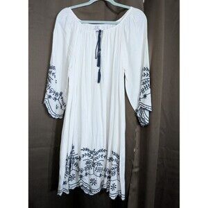 C|C Chic Connection White w/Blue Floral Embroidery  XL Tie Neck Dress